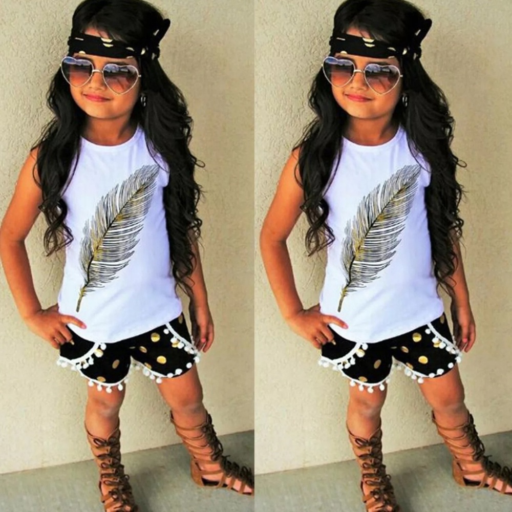 Feather top and polka dot shorts outfit